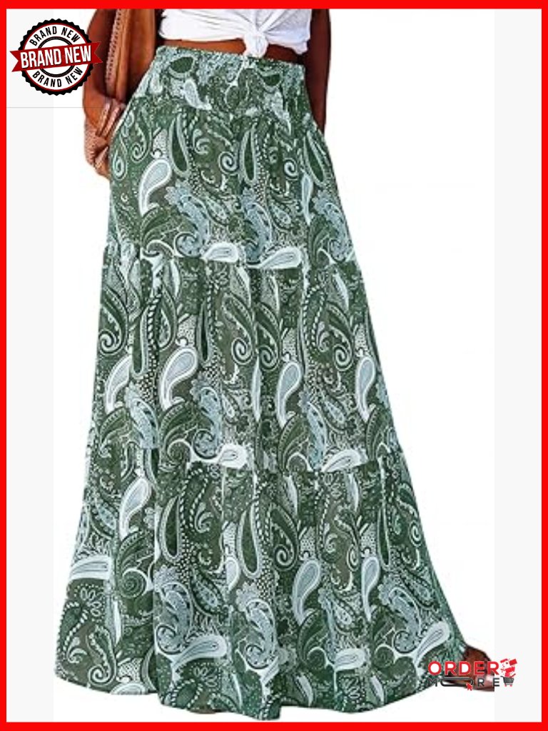 Boho Floral Maxi Skirt With Pockets High Waist Tiered Flowy Beach Skirt
